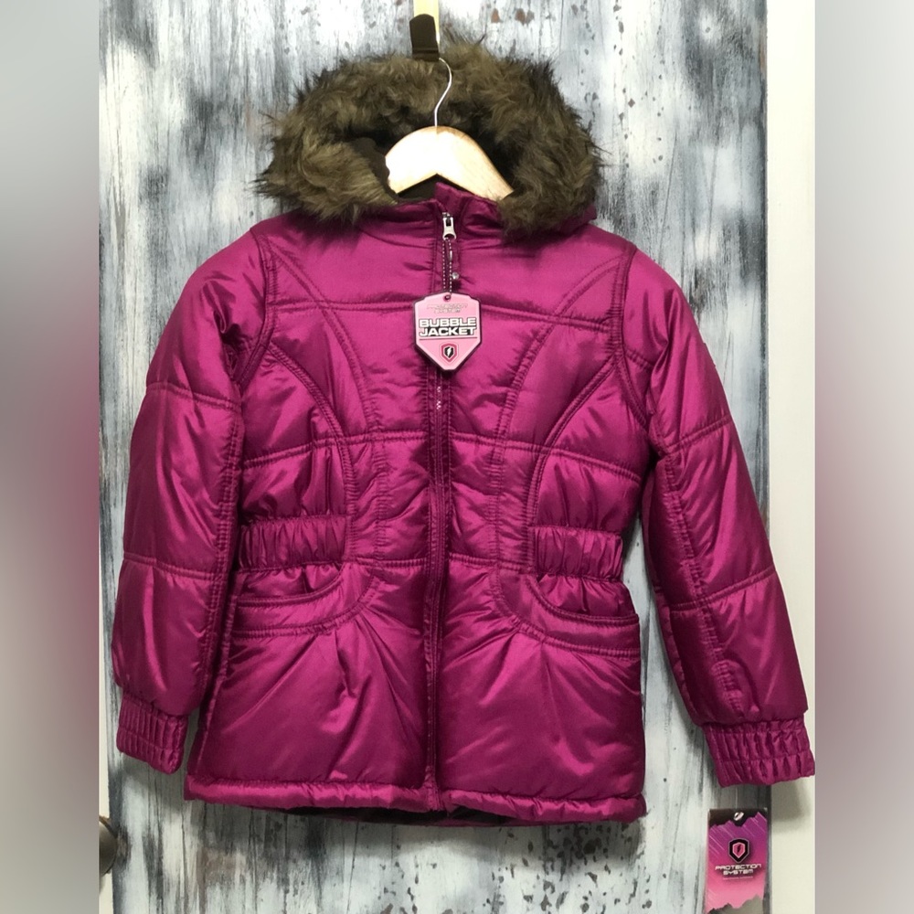 Protection System Bubble Jacket Girls 7/8 Raspberry Hooded Faux Fur Full Zip
